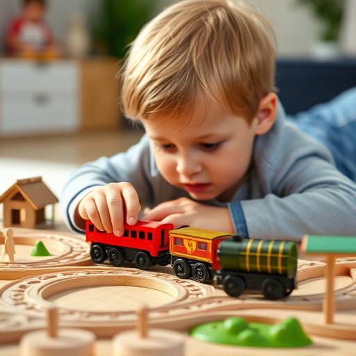 A child playing with a toy train set on a wooden track