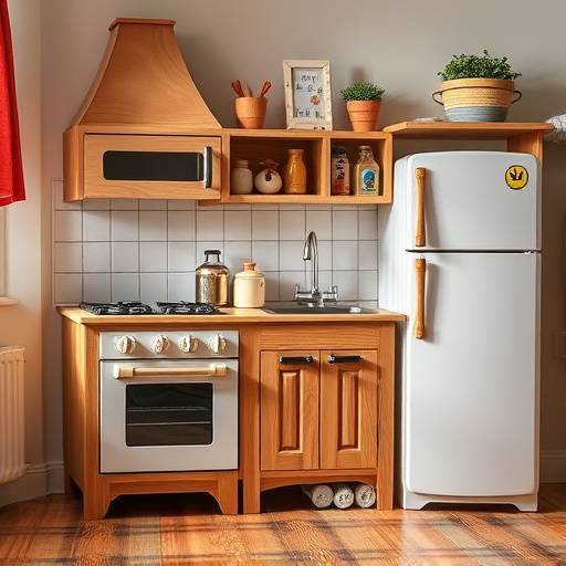 A child's kitchen playset with a wooden stove, sink, and refrigerator