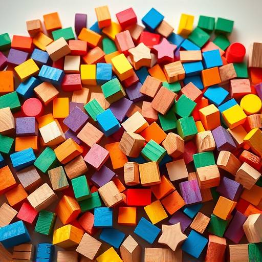 A collection of colorful, wooden building blocks of various shapes and sizes