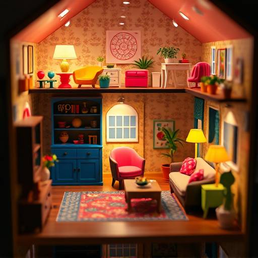 A colorful dollhouse with miniature furniture