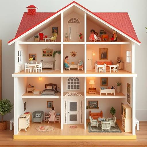 A dollhouse with multiple rooms, furniture, and miniature dolls