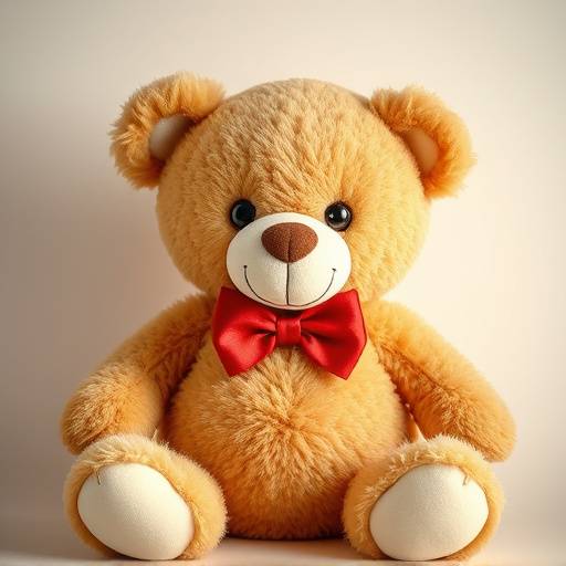 A plush teddy bear with a red bow tie