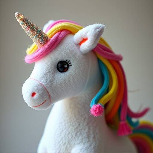 A plush unicorn with a rainbow mane and sparkly horn