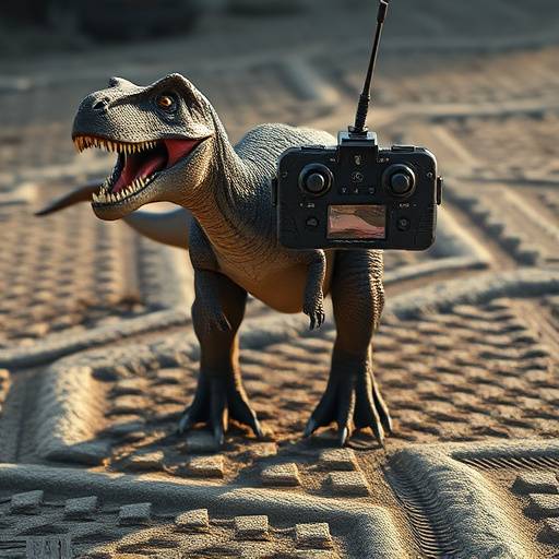 A remote-controlled dinosaur toy walking on a textured surface