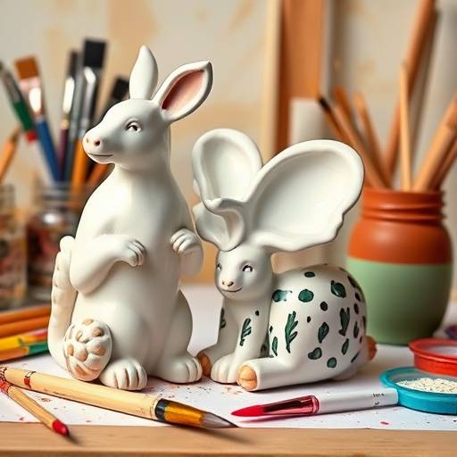 A set of paint-your-own ceramic animals with various colorful paints and brushes