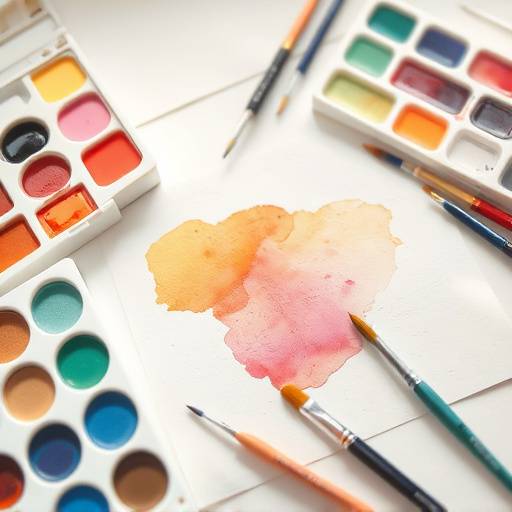 A set of watercolor paints with brushes and paper