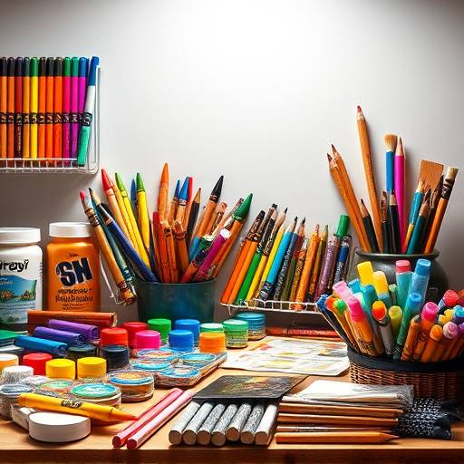 A variety of colorful art supplies including paints, crayons, and markers