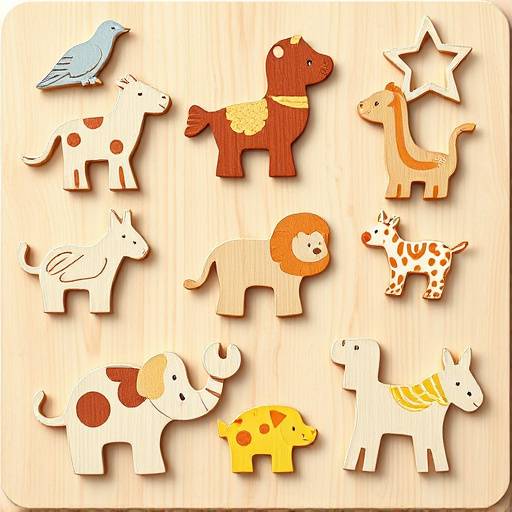 A wooden puzzle featuring different animals and shapes, designed for toddlers