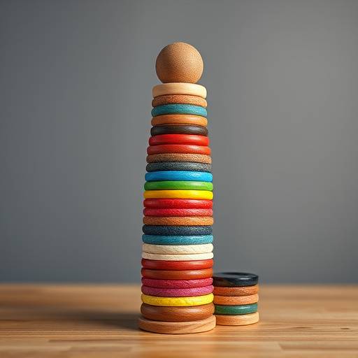 A wooden stacking tower with colorful rings, demonstrating size and order