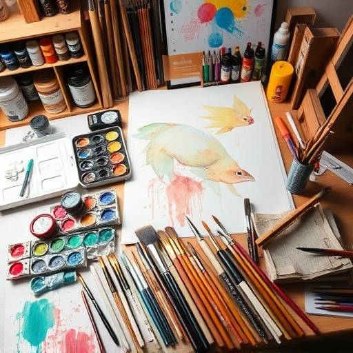 An art set including paints, brushes, paper and other drawing materials
